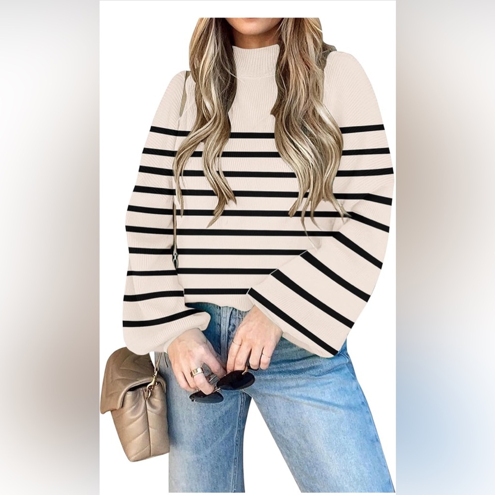 Size S, Women's 2024 Casual Turtleneck Long Lantern Sleeve Oversized Ribbed Knit